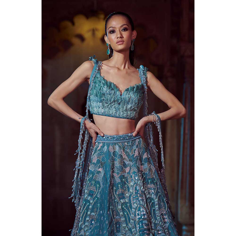 Jigar and Nikita Blue Blouse and Lehenga with Dupatta (Set of 3)