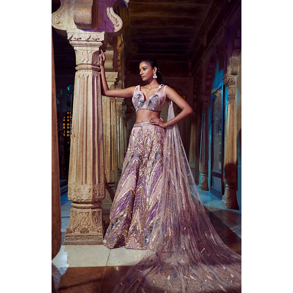 Jigar and Nikita Lilac Blouse and Lehenga with Attached Dupatta (Set of 3)