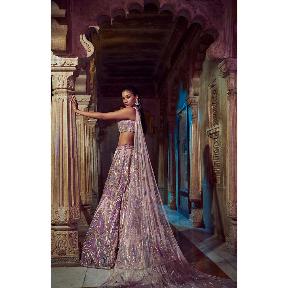 Jigar and Nikita Lilac Blouse and Lehenga with Attached Dupatta (Set of 3)