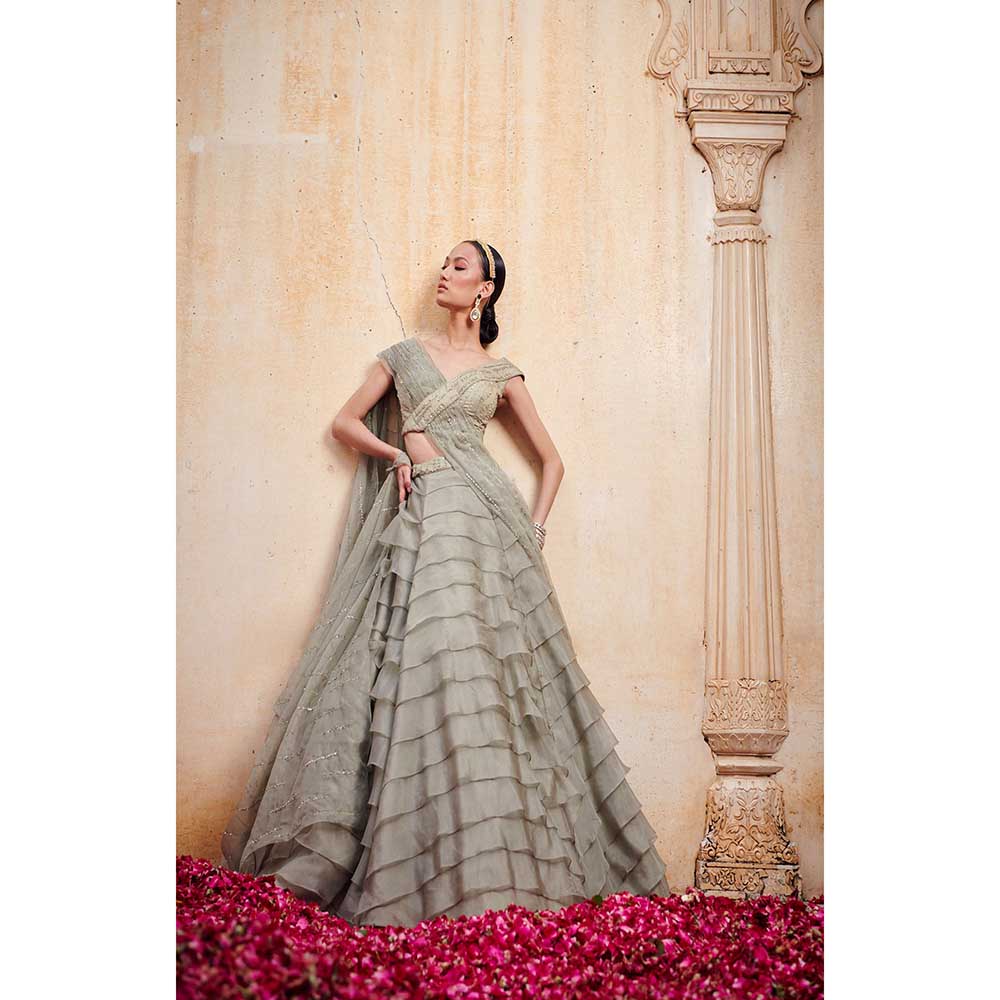 Jigar and Nikita Olive Green Layered Blouse and Lehenga with Dupatta (Set of 3)