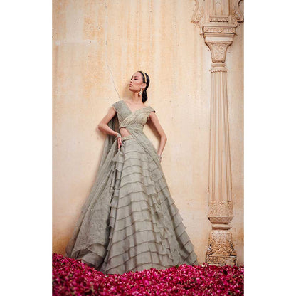 Jigar and Nikita Olive Green Layered Blouse and Lehenga with Dupatta (Set of 3)