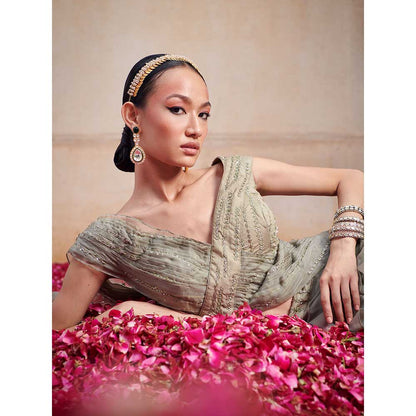 Jigar and Nikita Olive Green Layered Blouse and Lehenga with Dupatta (Set of 3)