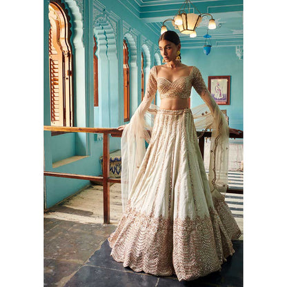 Jigar and Nikita Off-White Blouse and Lehenga with Dupatta (Set of 3)