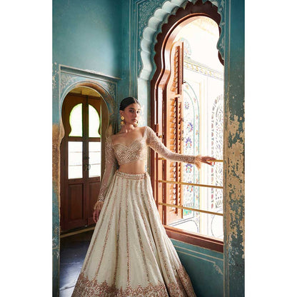 Jigar and Nikita Off-White Blouse and Lehenga with Dupatta (Set of 3)