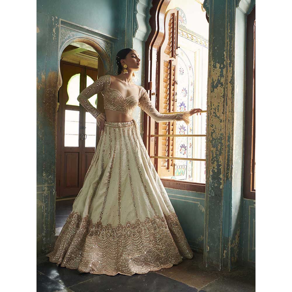 Jigar and Nikita Off-White Blouse and Lehenga with Dupatta (Set of 3)