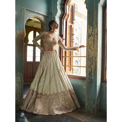 Jigar and Nikita Off-White Blouse and Lehenga with Dupatta (Set of 3)