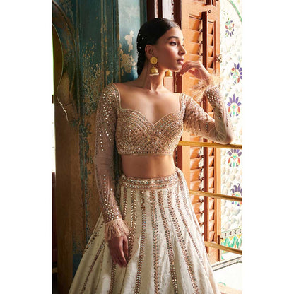 Jigar and Nikita Off-White Blouse and Lehenga with Dupatta (Set of 3)