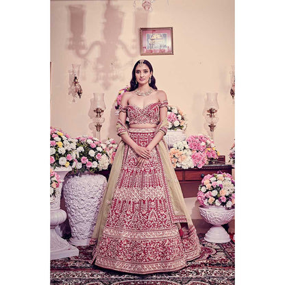 Jigar and Nikita Garnet Red Blouse and Lehenga with Dupatta (Set of 3)