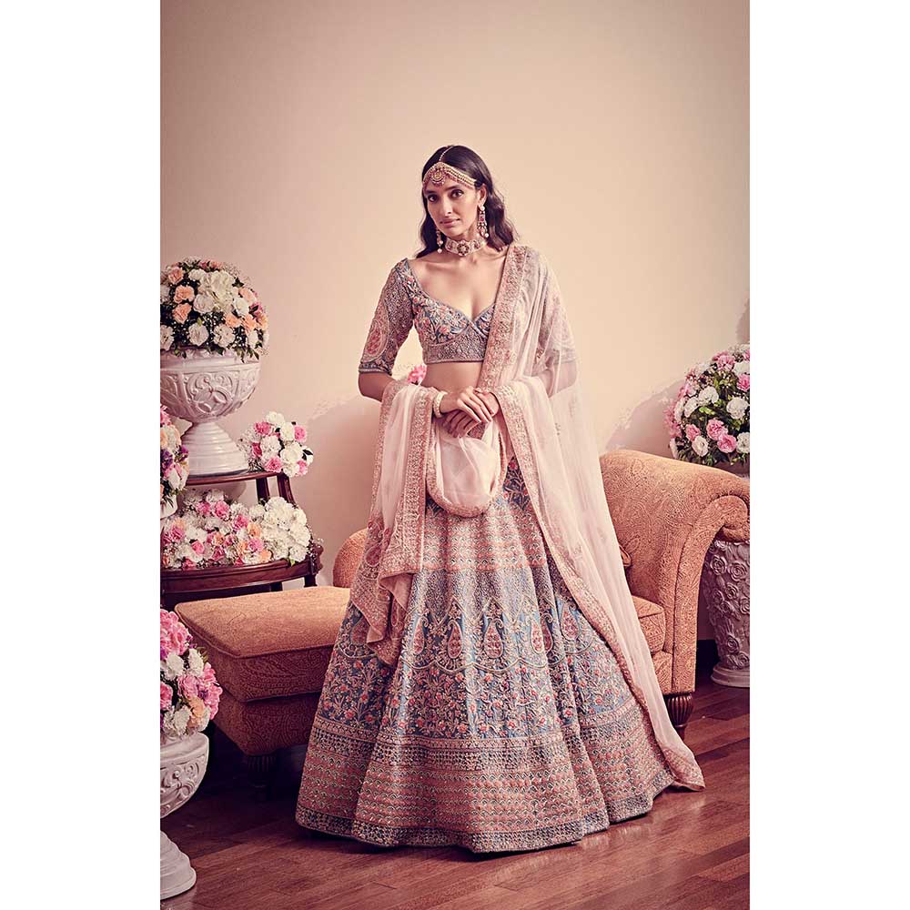 Jigar and Nikita Avant Garde Blue Hued Blouse and Lehenga with Dupatta (Set of 3)