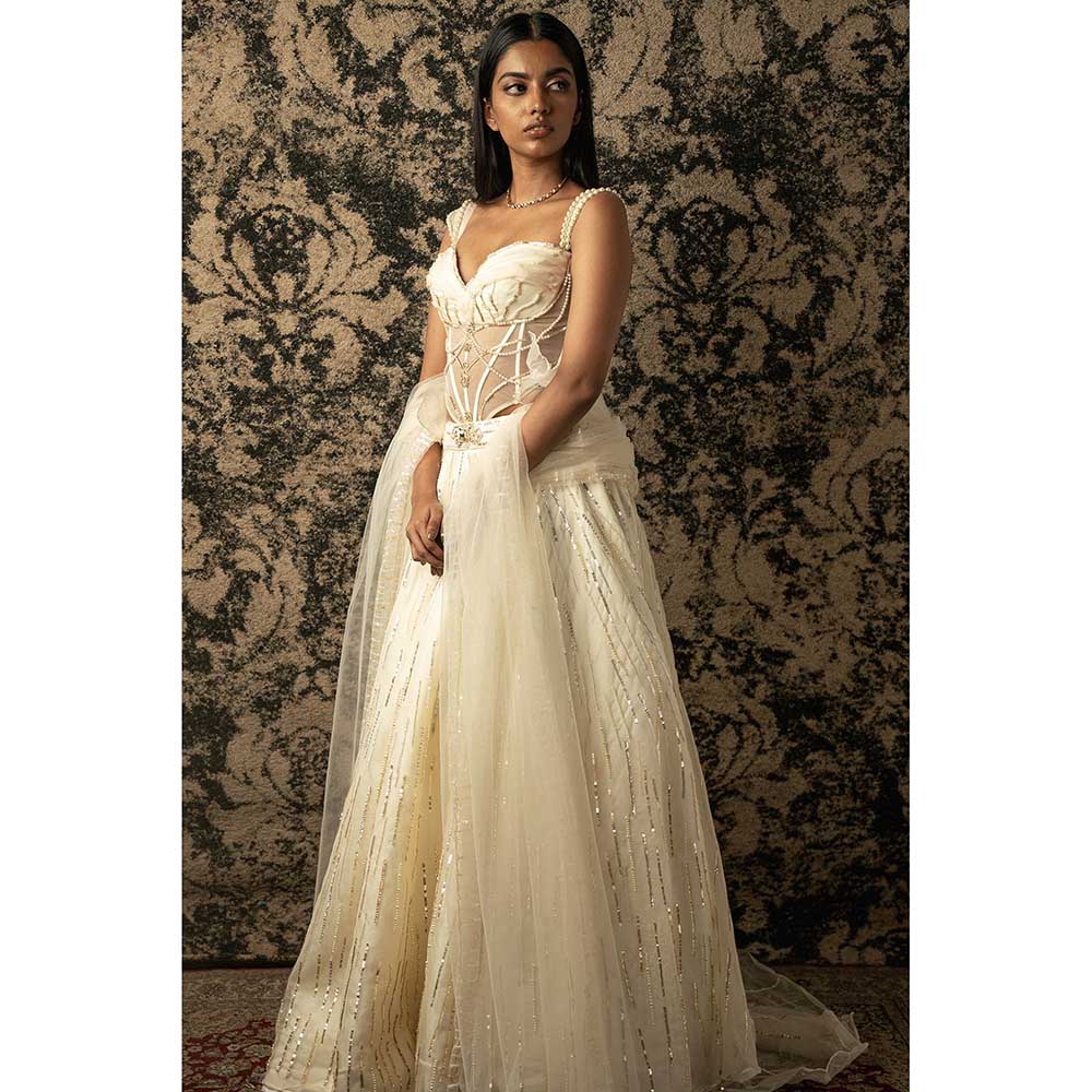 Jigar and Nikita Ivory Silk Lehenga With Blouse And Dupatta (Set of 3)