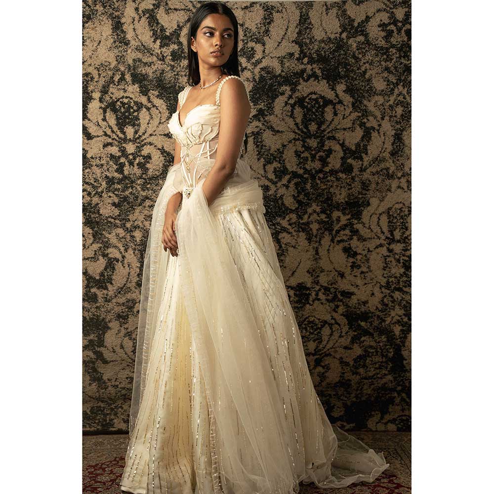 Jigar and Nikita Ivory Silk Lehenga With Blouse And Dupatta (Set of 3)