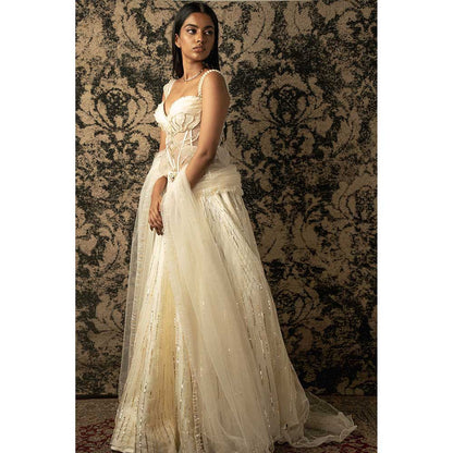 Jigar and Nikita Ivory Silk Lehenga With Blouse And Dupatta (Set of 3)