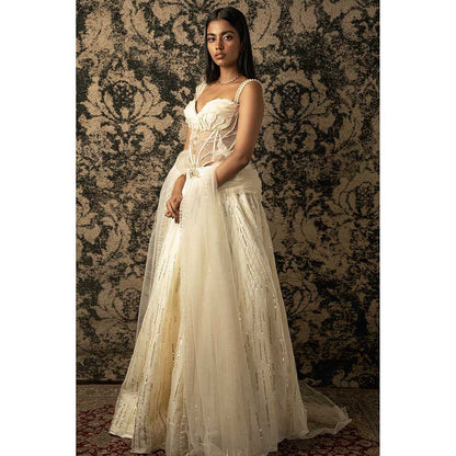 Jigar and Nikita Ivory Silk Lehenga With Blouse And Dupatta (Set of 3)