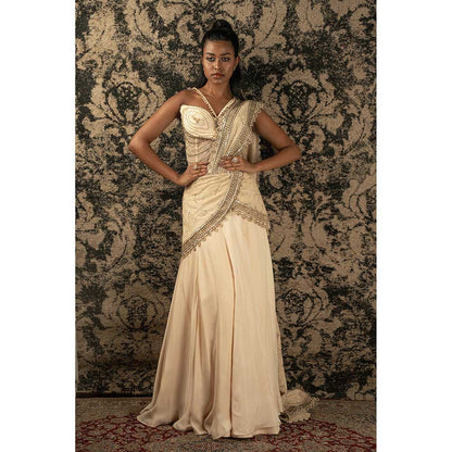 Jigar and Nikita Gold Pre-Draped Saree With Stitched Blouse