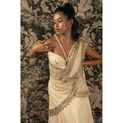 Jigar and Nikita Gold Pre-Draped Saree With Stitched Blouse