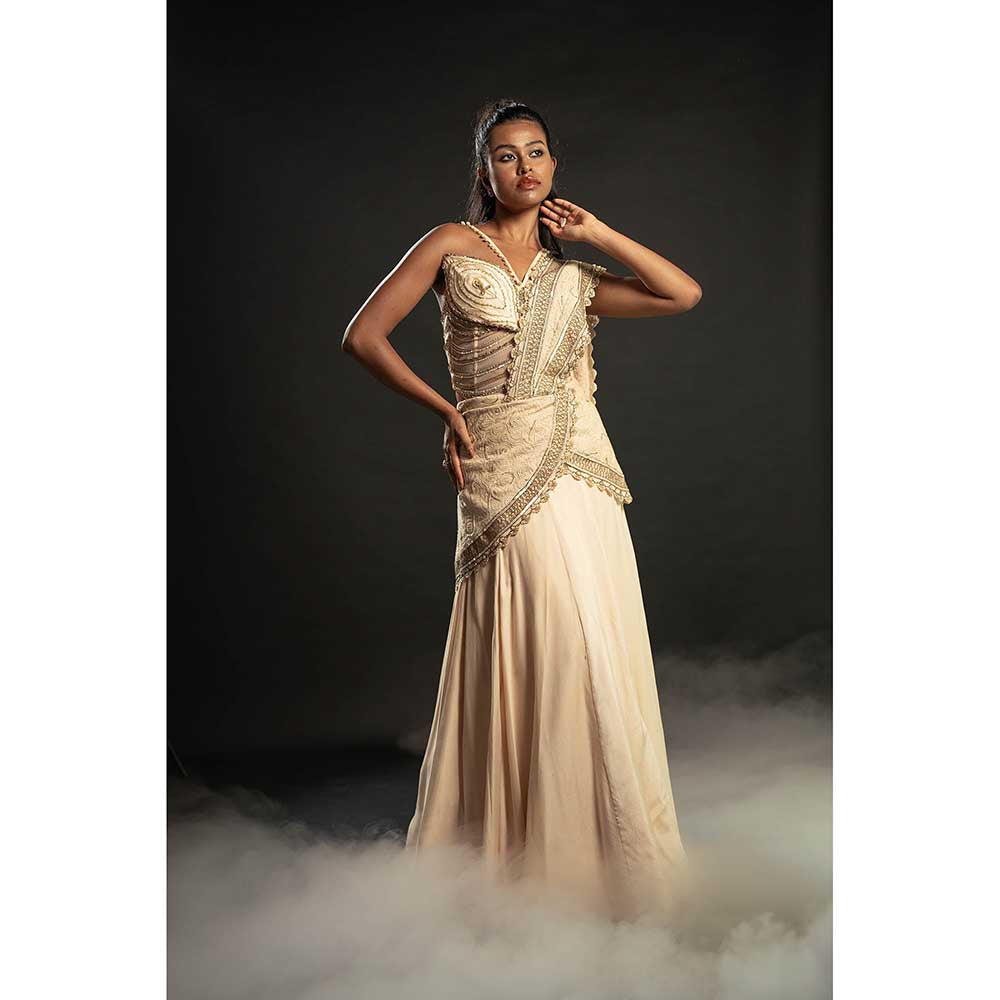 Jigar and Nikita Gold Pre-Draped Saree With Stitched Blouse