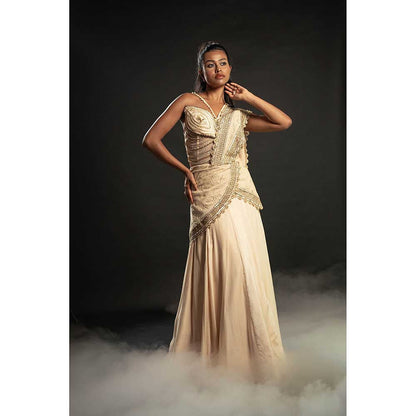 Jigar and Nikita Gold Pre-Draped Saree With Stitched Blouse