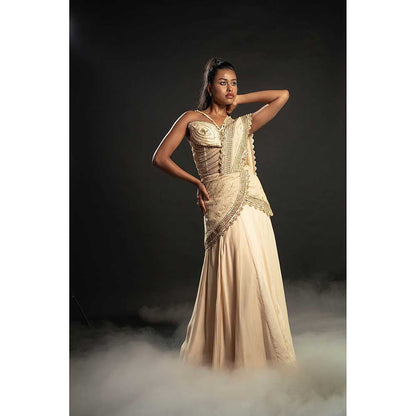 Jigar and Nikita Gold Pre-Draped Saree With Stitched Blouse