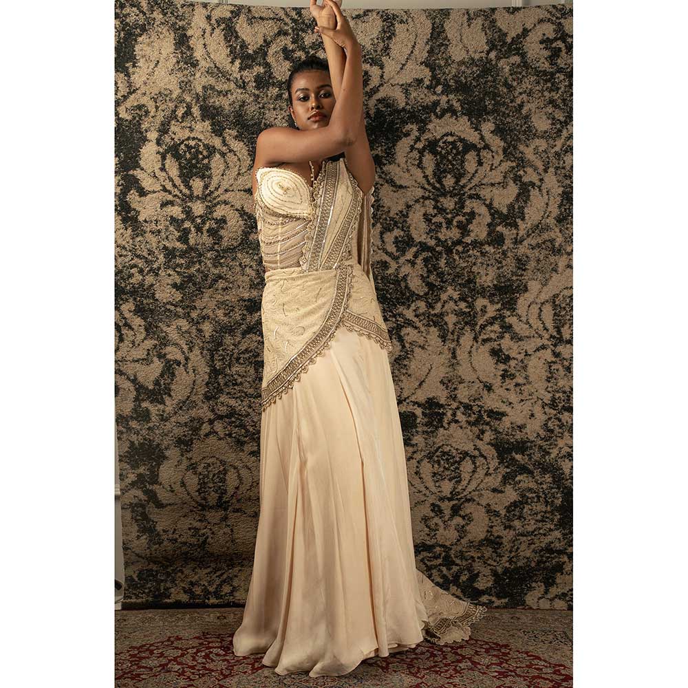 Jigar and Nikita Gold Pre-Draped Saree With Stitched Blouse