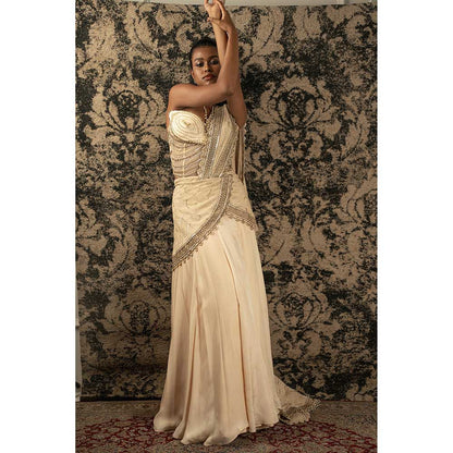 Jigar and Nikita Gold Pre-Draped Saree With Stitched Blouse