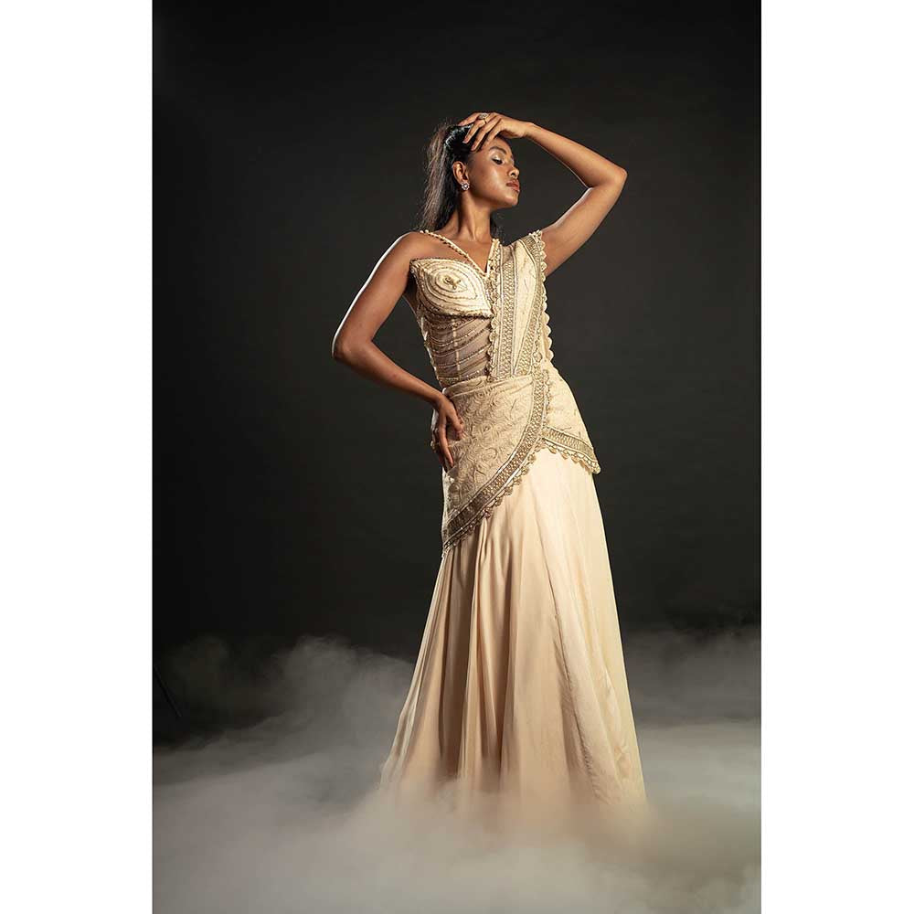 Jigar and Nikita Gold Pre-Draped Saree With Stitched Blouse