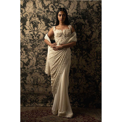 Jigar and Nikita Ivory Silk Saree With Stitched Blouse And Petticoat