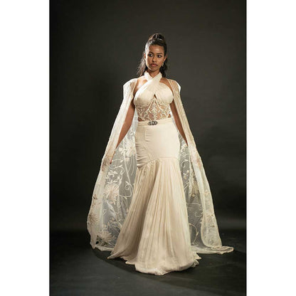 Jigar and Nikita Ivory Silk Fish cut Skirt With Blouse And Cape (Set of 3)