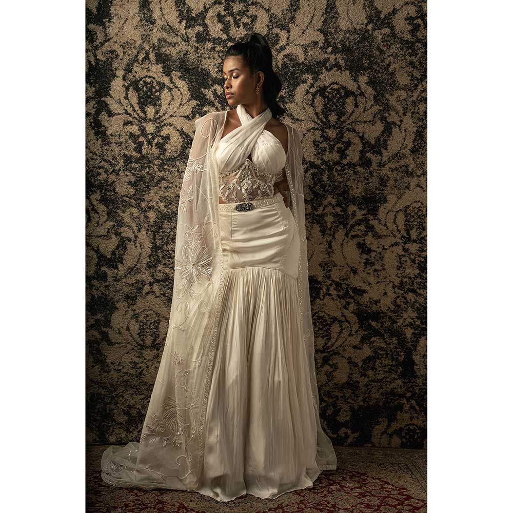 Jigar and Nikita Ivory Silk Fish cut Skirt With Blouse And Cape (Set of 3)