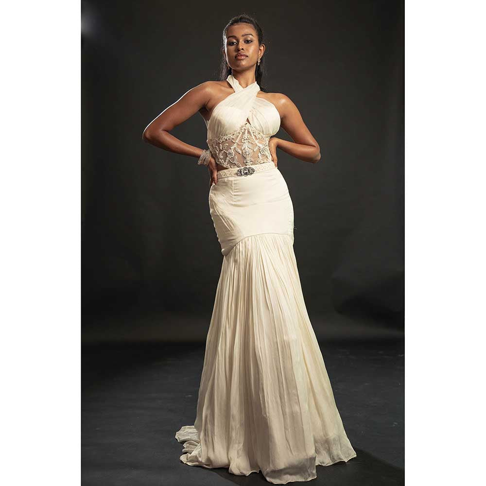 Jigar and Nikita Ivory Silk Fish cut Skirt With Blouse And Cape (Set of 3)