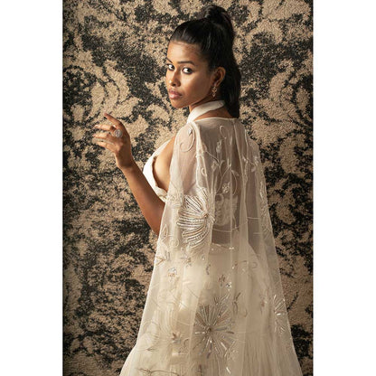 Jigar and Nikita Ivory Silk Fish cut Skirt With Blouse And Cape (Set of 3)