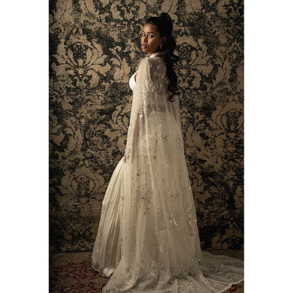 Jigar and Nikita Ivory Silk Fish cut Skirt With Blouse And Cape (Set of 3)