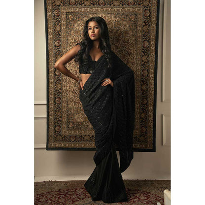 Jigar and Nikita Black Silk Saree With Petticoat And Stitched Blouse