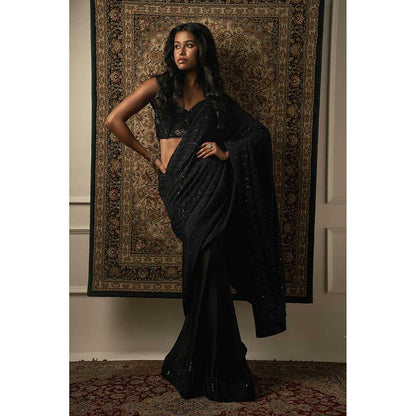 Jigar and Nikita Black Silk Saree With Petticoat And Stitched Blouse