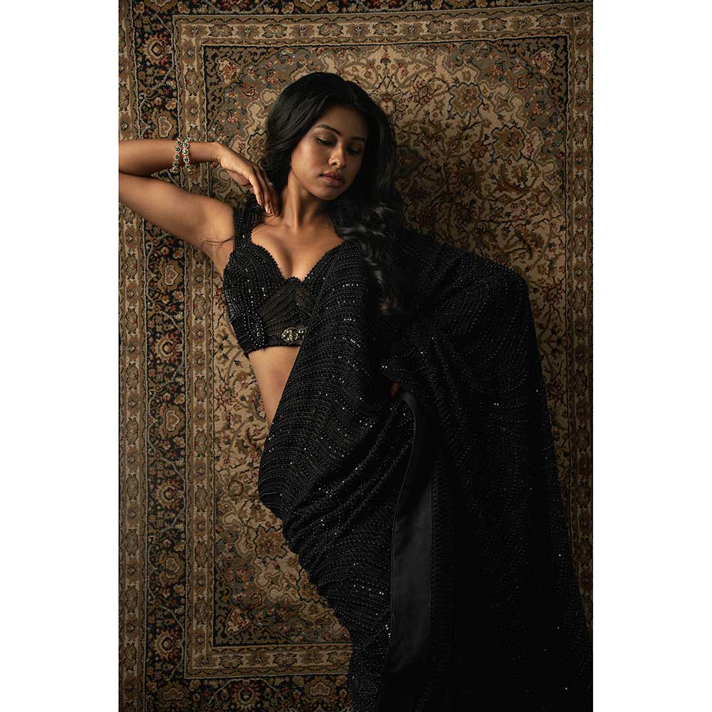 Jigar and Nikita Black Silk Saree With Petticoat And Stitched Blouse