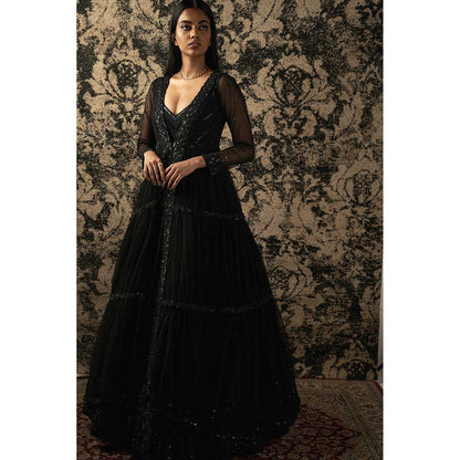 Jigar and Nikita Black Organza Anarkali With Shrug (Set of 2)