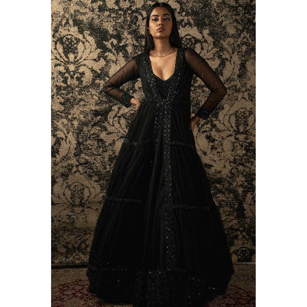 Jigar and Nikita Black Organza Anarkali With Shrug (Set of 2)