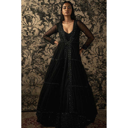 Jigar and Nikita Black Organza Anarkali With Shrug (Set of 2)