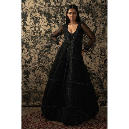 Jigar and Nikita Black Organza Anarkali With Shrug (Set of 2)