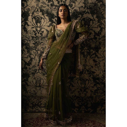 Jigar and Nikita Olive Saree With Stitched Blouse And Petticoat