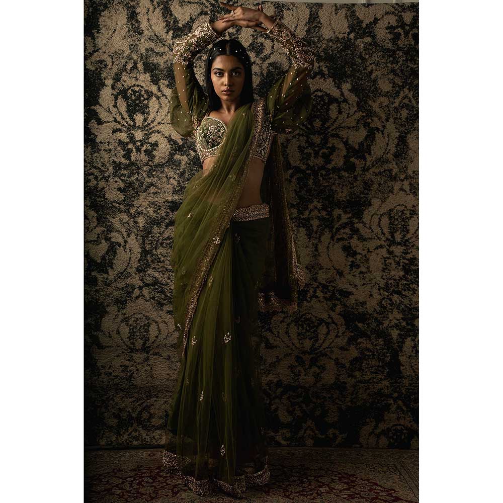 Jigar and Nikita Olive Saree With Stitched Blouse And Petticoat
