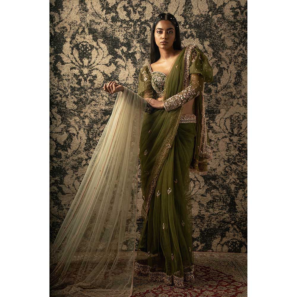Jigar and Nikita Olive Saree With Stitched Blouse And Petticoat