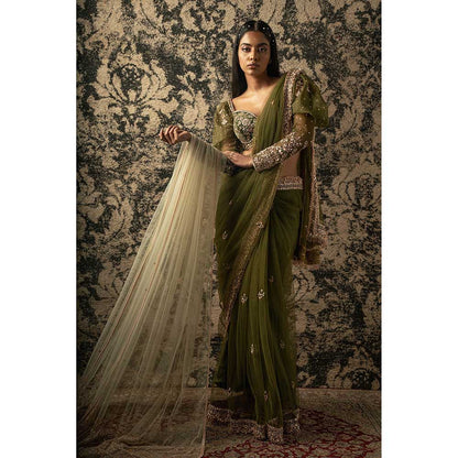 Jigar and Nikita Olive Saree With Stitched Blouse And Petticoat