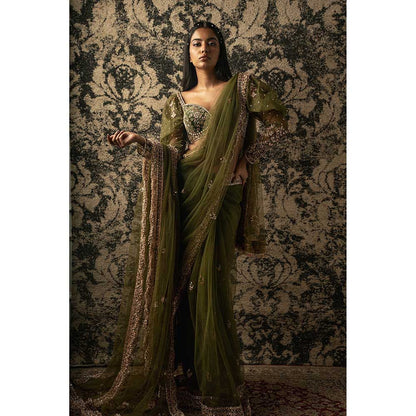 Jigar and Nikita Olive Saree With Stitched Blouse And Petticoat