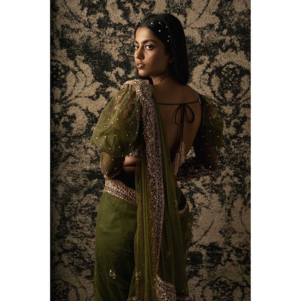 Jigar and Nikita Olive Saree With Stitched Blouse And Petticoat