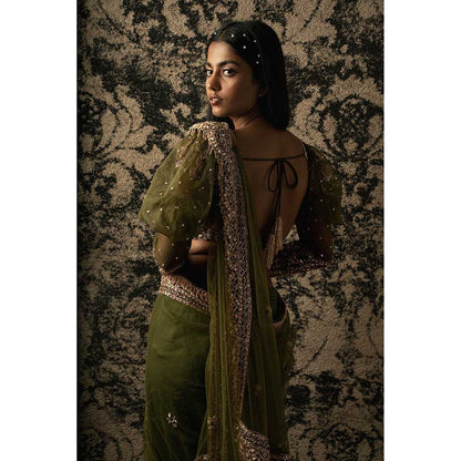 Jigar and Nikita Olive Saree With Stitched Blouse And Petticoat