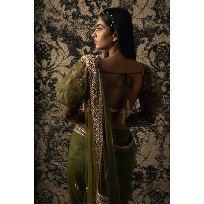 Jigar and Nikita Olive Saree With Stitched Blouse And Petticoat