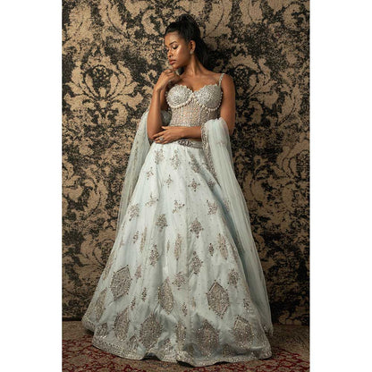 Jigar and Nikita Stellar Blue Organza Lehenga With Blouse And Dupatta (Set of 3)