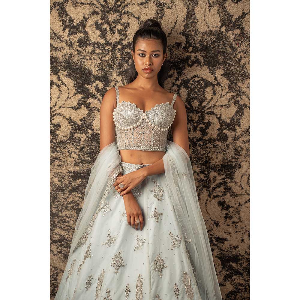 Jigar and Nikita Stellar Blue Organza Lehenga With Blouse And Dupatta (Set of 3)