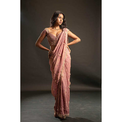 Jigar and Nikita Pink Saree With Stitched Blouse And Petticoat
