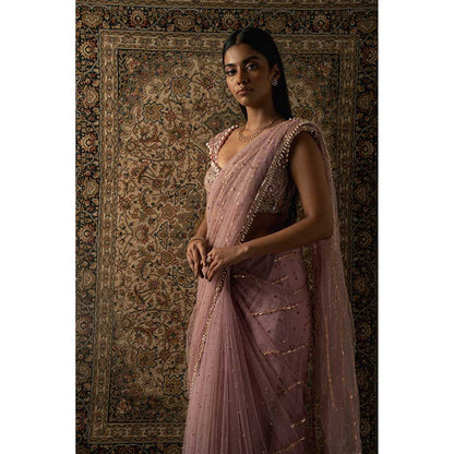 Jigar and Nikita Pink Saree With Stitched Blouse And Petticoat